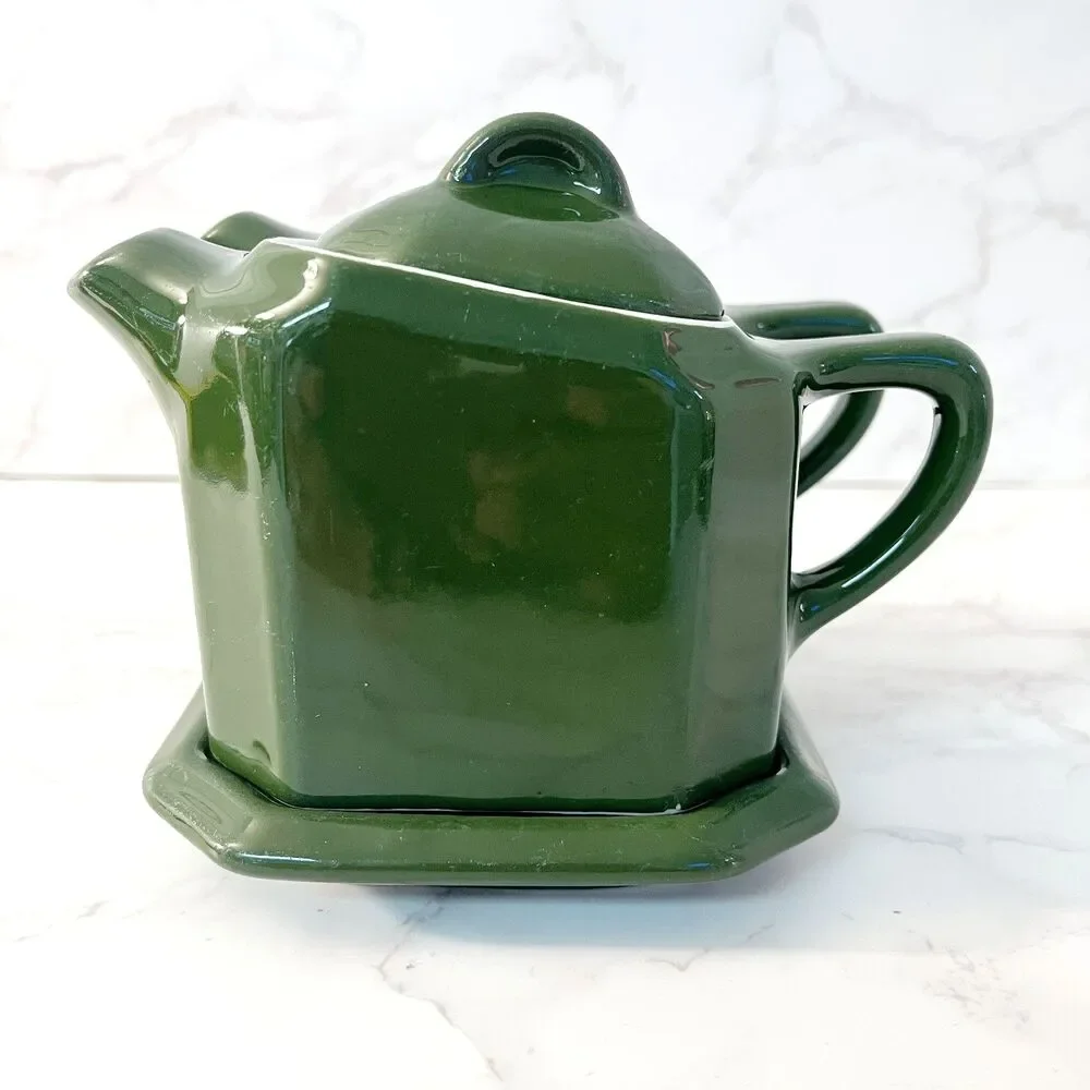 Vintage Lidded Shenango China Oil & Vinegar Cruet Set with Tray Forest Green